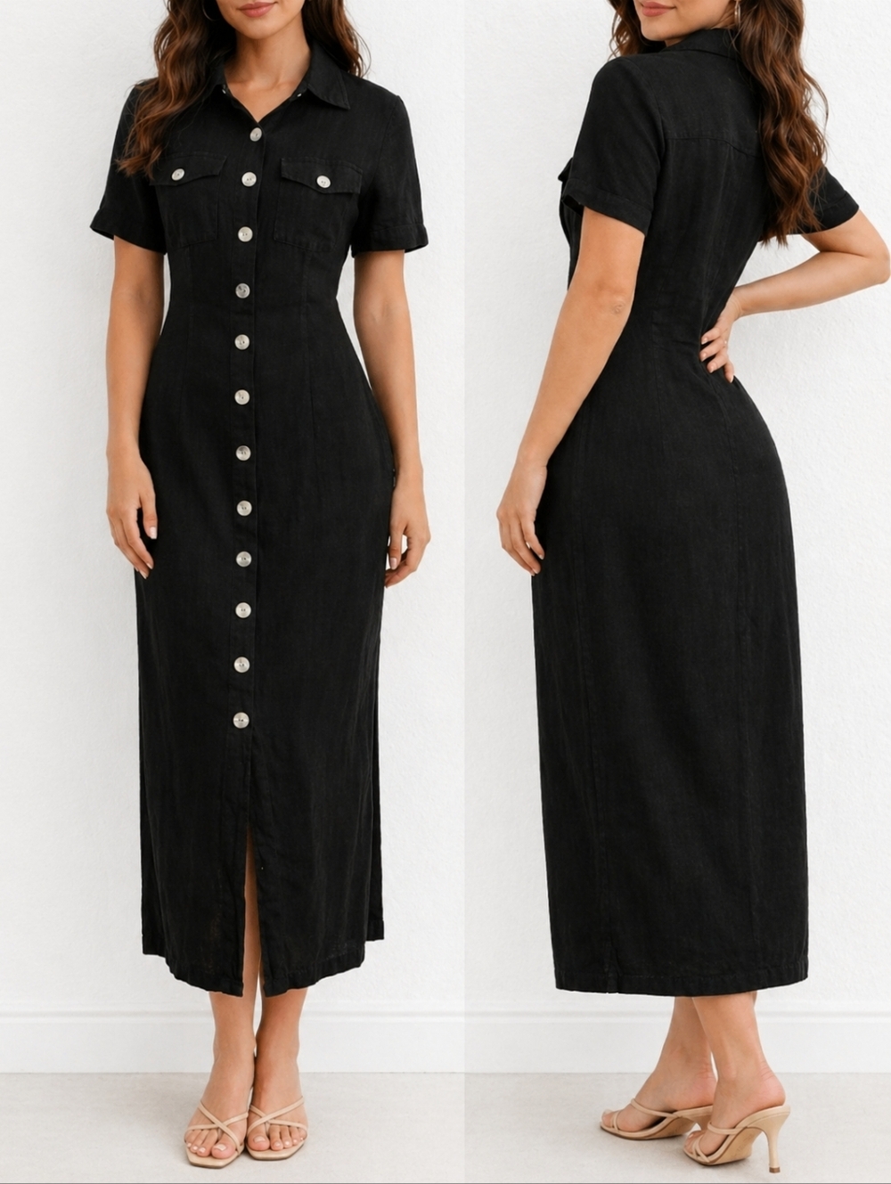 Vintage Robbie Bee Linen Blend Button Front Midi Dress | Minimalist 90s Capsule